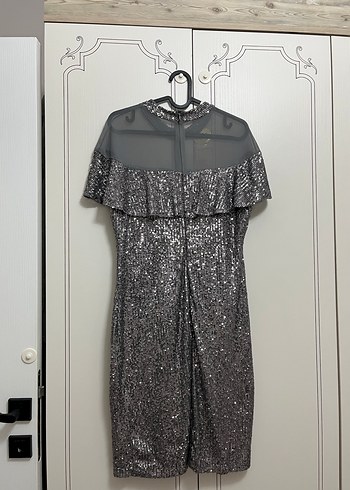 Gri Pilili Kısa Kollu Uzun Abiye Elbise - Görsel 3