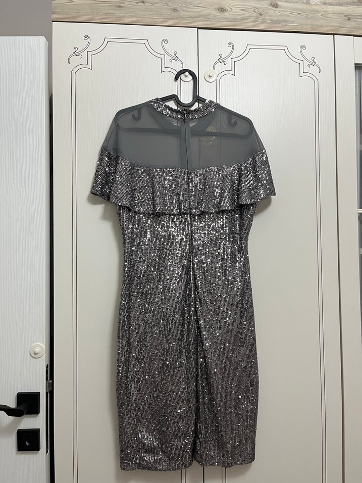 Gri Pilili Kısa Kollu Uzun Abiye Elbise - Görsel 3