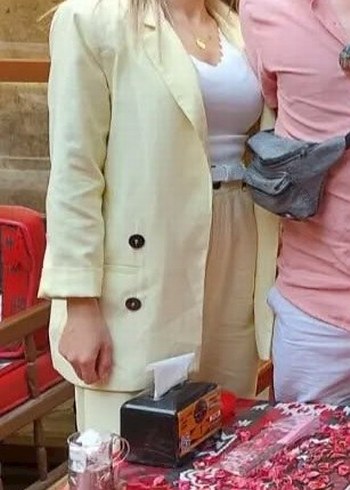 Sarı Kemerli Kadın Keten Takım Elbise - Görsel 4