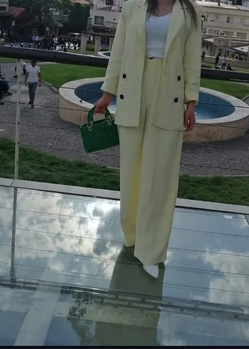 Sarı Kemerli Kadın Keten Takım Elbise - Görsel 2