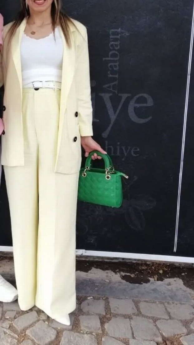 Sarı Kemerli Kadın Keten Takım Elbise - Görsel 3