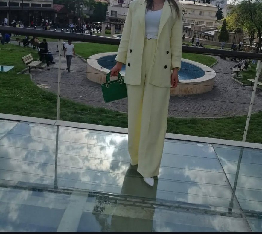 Sarı Kemerli Kadın Keten Takım Elbise - Görsel 2