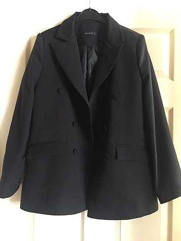 Siyah kruvaze dokuma astarlı düğme detaylı blazer ceket