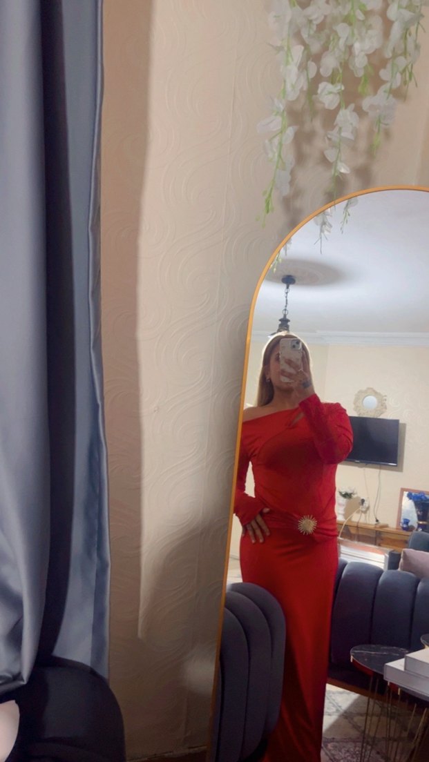 Kırmızı Drapeli Uzun Kollu Kadın Elbise - Görsel 2