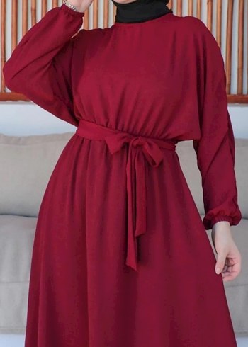 40 Beden Bordo Kuşaklı Uzun Elbise