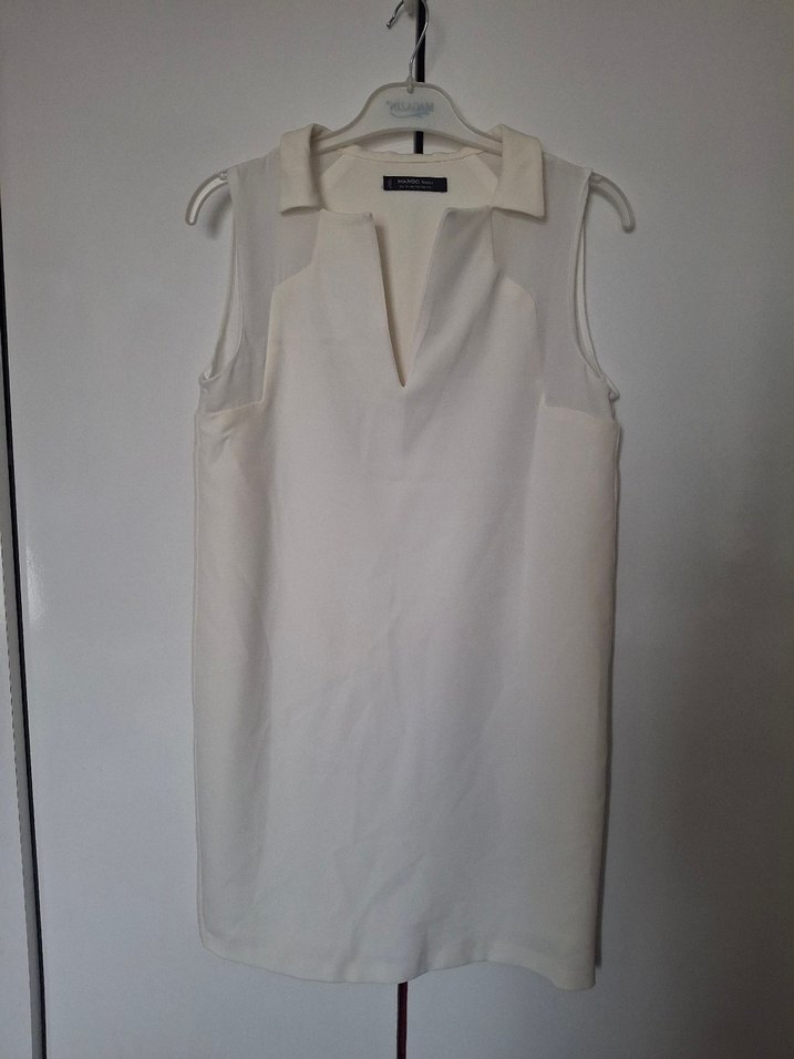 Beyaz- krem rengi V Yaka Kolsuz Elbise - Görsel 2