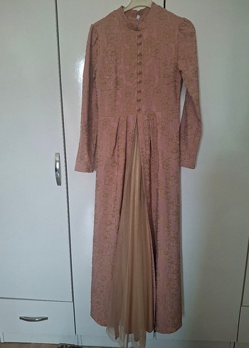 pembe Vintage Uzun Kollu Pilili Abiye Elbise - Görsel 2