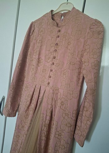 pembe Vintage Uzun Kollu Pilili Abiye Elbise - Görsel 3