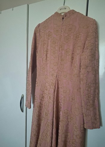 pembe Vintage Uzun Kollu Pilili Abiye Elbise - Görsel 4