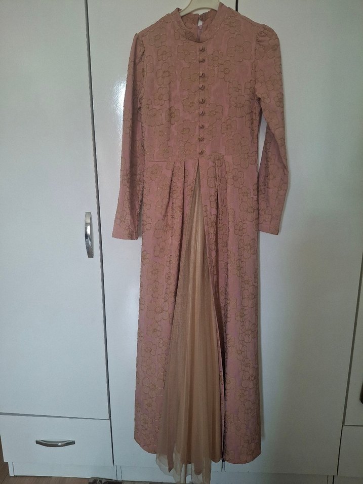 pembe Vintage Uzun Kollu Pilili Abiye Elbise - Görsel 2