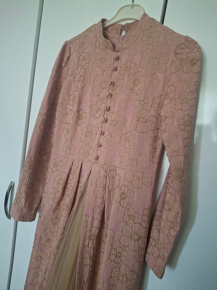 pembe Vintage Uzun Kollu Pilili Abiye Elbise - Görsel 3