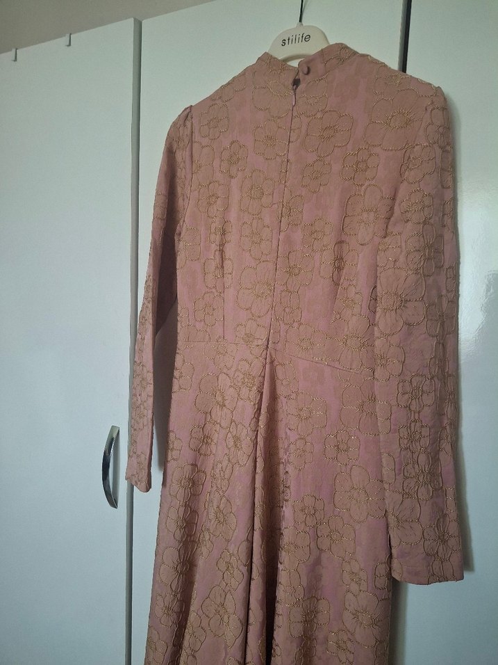 pembe Vintage Uzun Kollu Pilili Abiye Elbise - Görsel 4