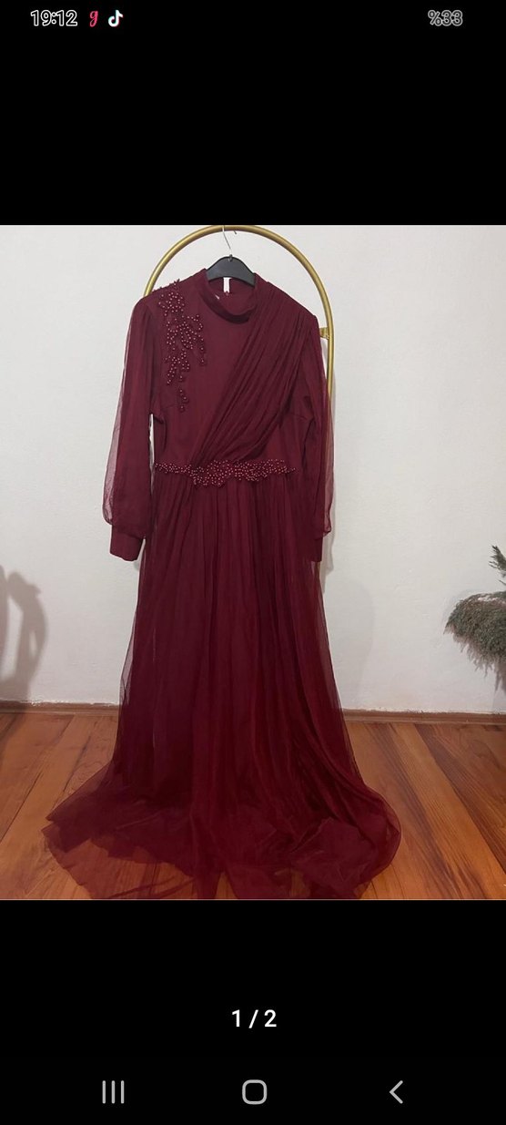 Bordo Uzun Kollu Drapeli Abiye Elbise - Görsel 2