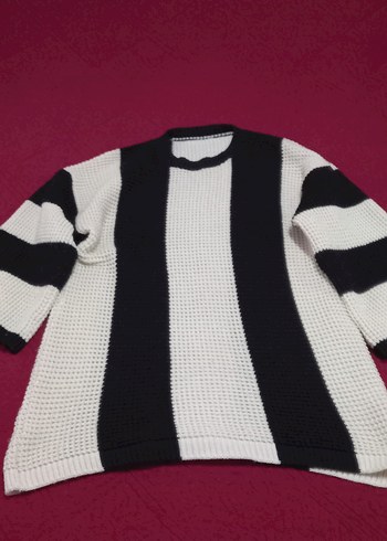 Kadın Siyah Beyaz Çizgili Triko Kazak - Görsel 2