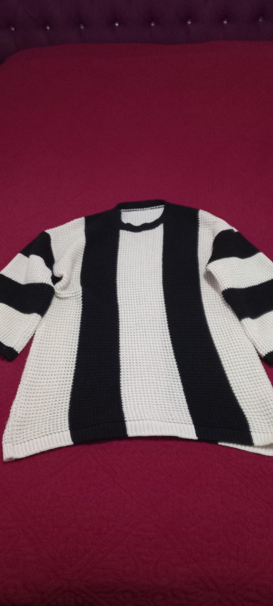 Kadın Siyah Beyaz Çizgili Triko Kazak - Görsel 2