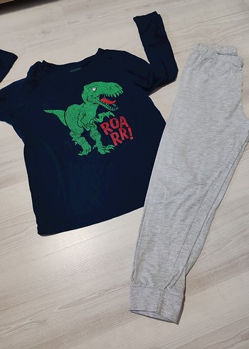 Erkek Çocuk Gri Dinozor Baskılı Pijama Takımı