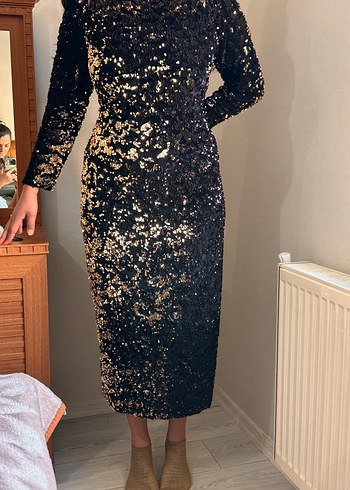 Siyah Payetli Uzun Kollu Gece Elbisesi - Görsel 5