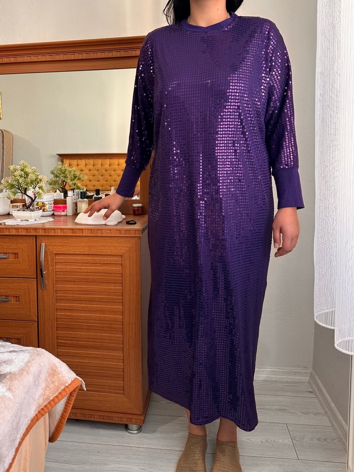 Uzun Mor Parlak Kadın Elbise - Görsel 3