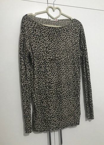 Leopar Desenli Gri Kadın Triko Sweatshirt