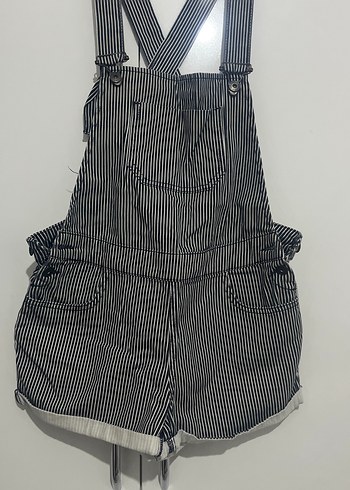 Kadın Gri Çizgili Mini Denim Kısa Tulum - Görsel 2