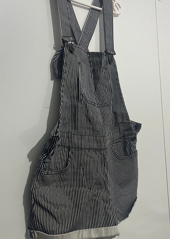 Kadın Gri Çizgili Mini Denim Kısa Tulum - Görsel 3