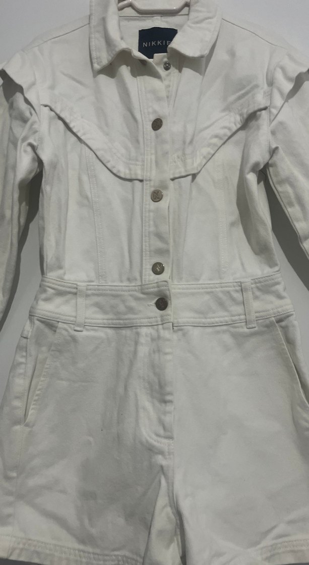 Beyaz Kemerli Keten Mini Tulum - Görsel 3