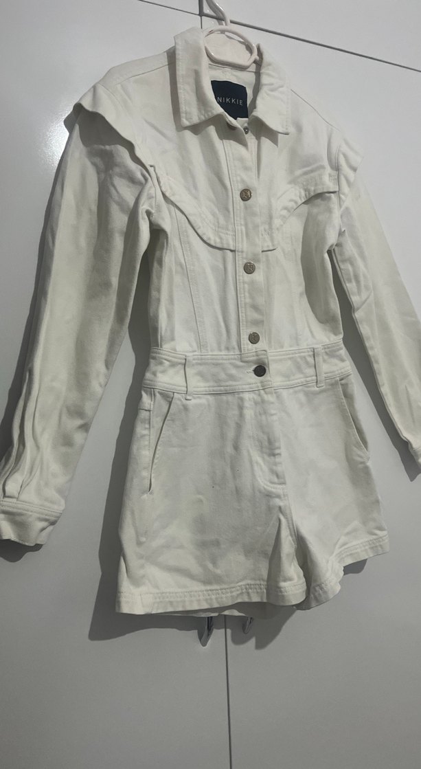 Beyaz Kemerli Keten Mini Tulum - Görsel 2