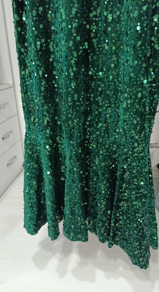 Yeşil Parlak İşlemeli Uzun Abiye Elbise - Görsel 2