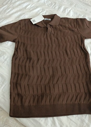 Zara Kahverengi Pilili V Yaka Erkek Polo Tişört - Görsel 3
