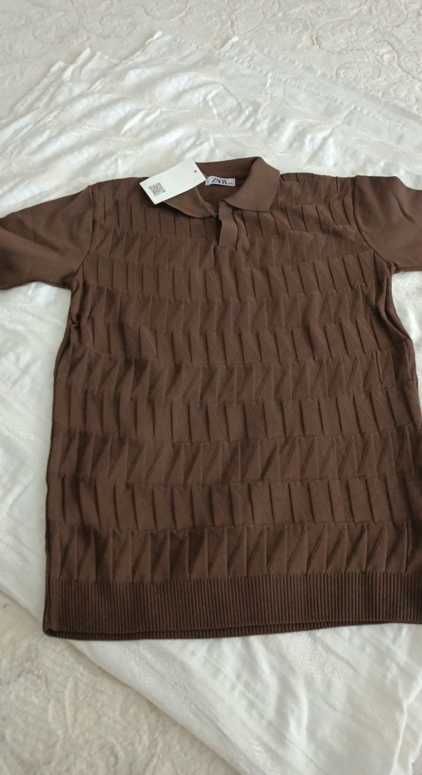 Zara Kahverengi Pilili V Yaka Erkek Polo Tişört - Görsel 3