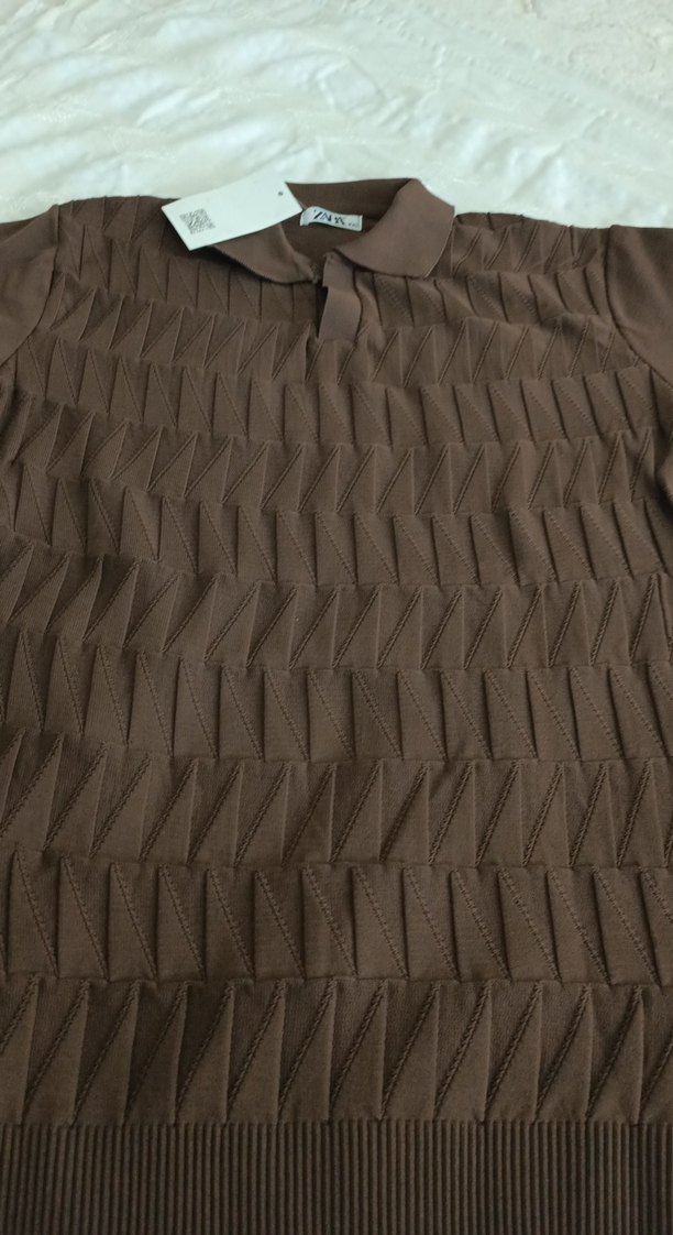 Zara Kahverengi Pilili V Yaka Erkek Polo Tişört - Görsel 4