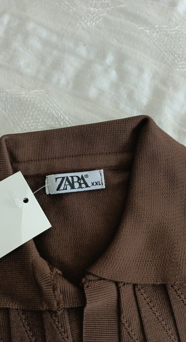 Zara Kahverengi Pilili V Yaka Erkek Polo Tişört - Görsel 2