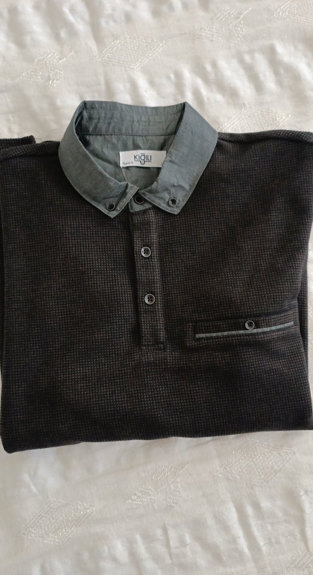 Gri  kahve rengi karışık Erkek Uzun Kollu Polo Tişört - Görsel 4