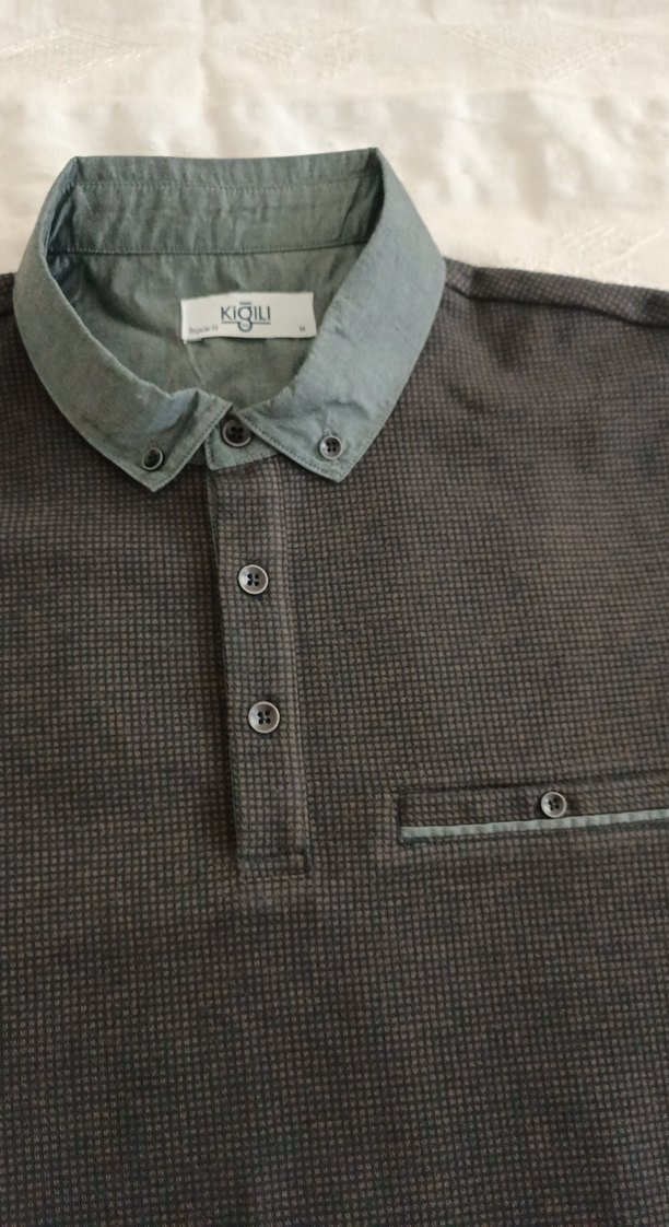 Gri  kahve rengi karışık Erkek Uzun Kollu Polo Tişört - Görsel 2