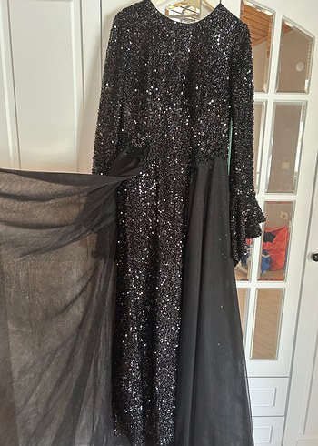 Siyah Uzun Kollu bisiklet Yakalı Kadın Abiye Elbise - Görsel 4