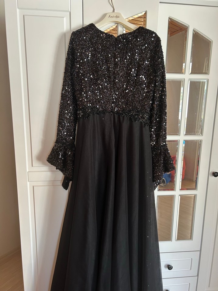 Siyah Uzun Kollu bisiklet Yakalı Kadın Abiye Elbise - Görsel 2