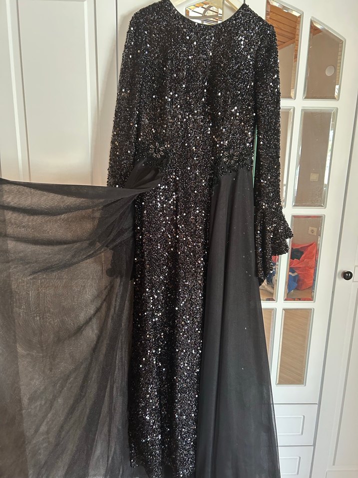 Siyah Uzun Kollu bisiklet Yakalı Kadın Abiye Elbise - Görsel 4