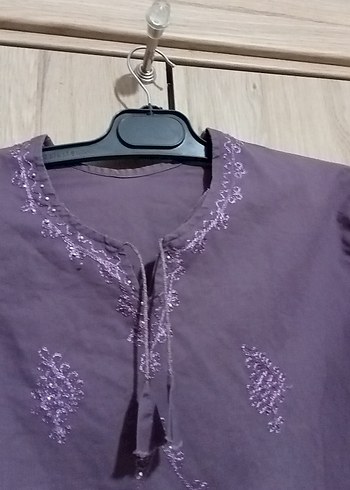 m Beden kapri Kollu Mor Nakışlı pamuklu Bluz