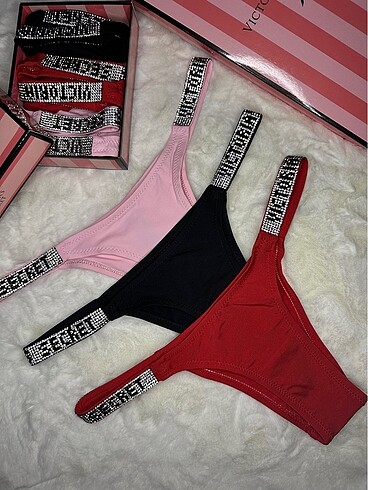 Victoria s Secret Kadın Pembe Siyah Kırmızının Taşlı Külot