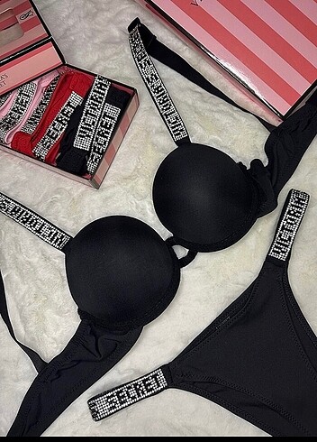 Victoria s Secret Siyah Işıltılı Askılı Push-Up Sütyen- Külot Ta