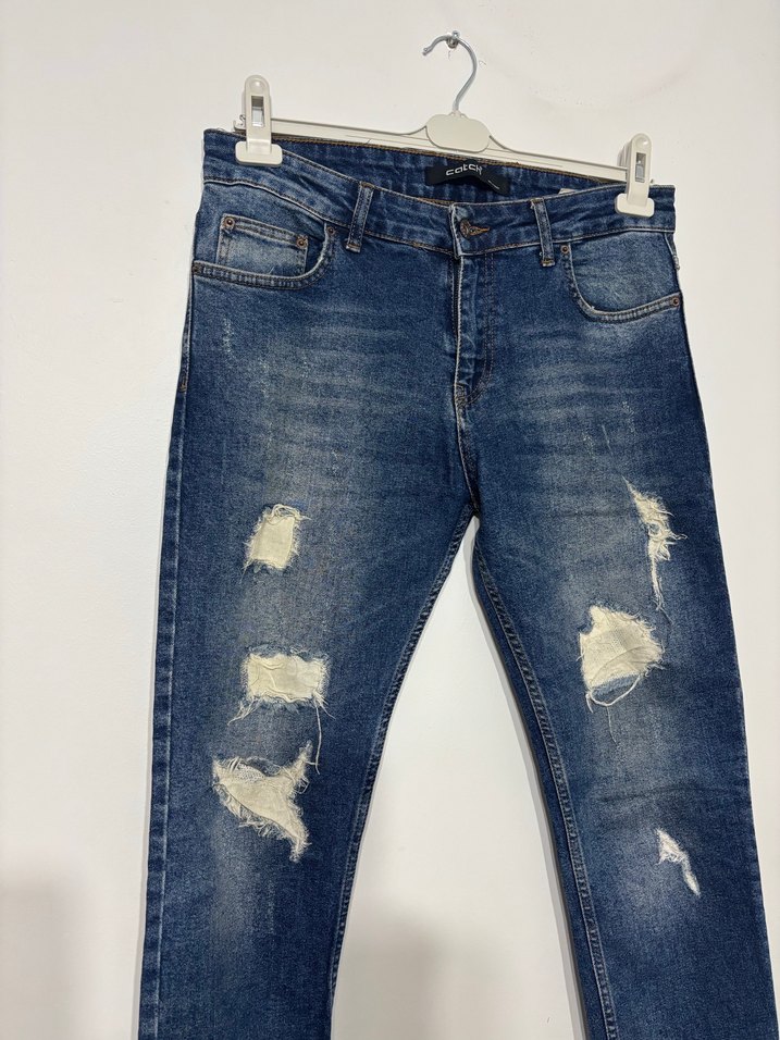 Kadın Mavi Yırtık Bol Kesim Denim Pantolon - Görsel 2