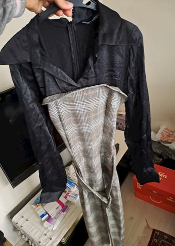 Zara Uzun Kesim Kuşaklı Gri zara elbise