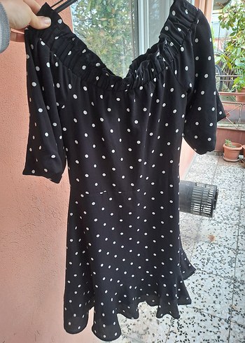 Siyah Puantiyeli V Yaka Midi Elbise - Görsel 5