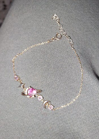 Pembe Nakışlı Zincir Detaylı Kadın  gumus Bileklik - Görsel 3