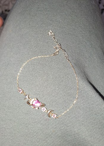 Pembe Nakışlı Zincir Detaylı Kadın  gumus Bileklik - Görsel 4