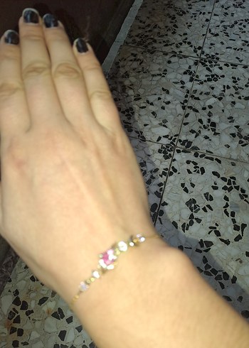 Pembe Nakışlı Zincir Detaylı Kadın  gumus Bileklik - Görsel 6