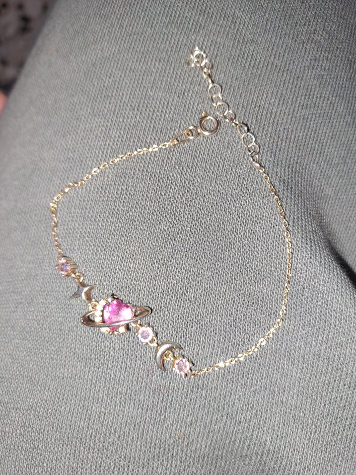 Pembe Nakışlı Zincir Detaylı Kadın  gumus Bileklik - Görsel 3