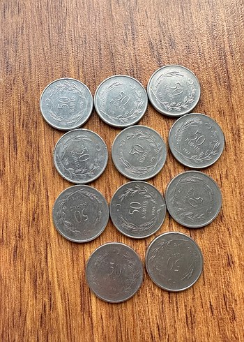 10 Adet Gumus Renkli 50 Kurusluk Metal Para Seti