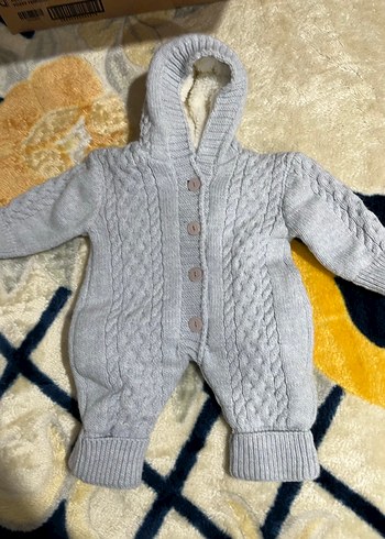 Açık mavi Örgü Bebek Tulumu Kapüşonlu içi yünlü 3/6 ay - Görsel 3