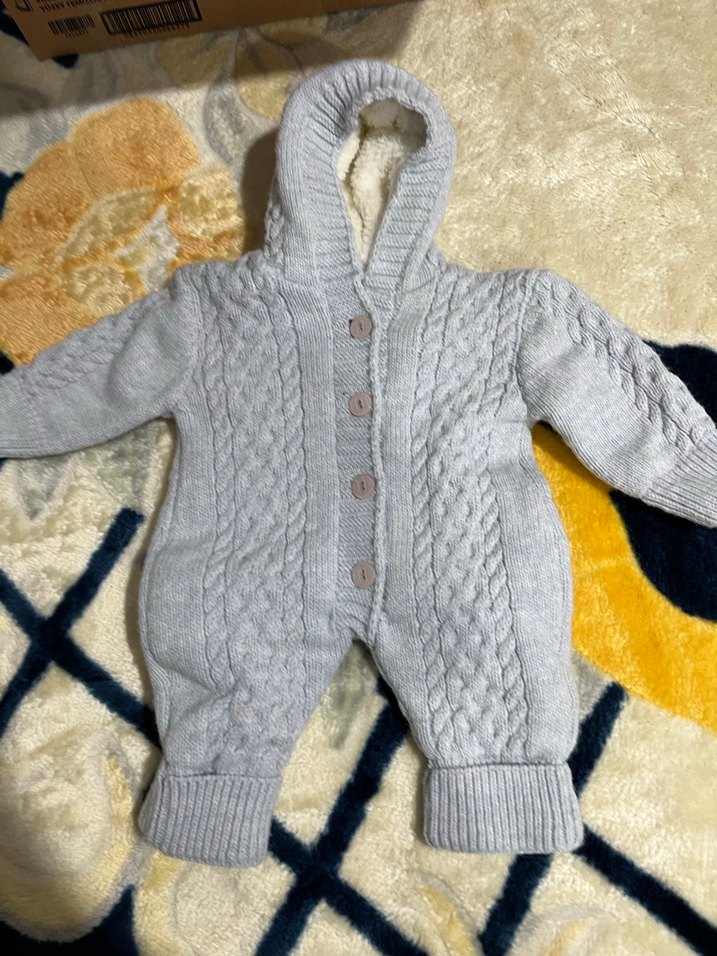 Açık mavi Örgü Bebek Tulumu Kapüşonlu içi yünlü 3/6 ay - Görsel 3